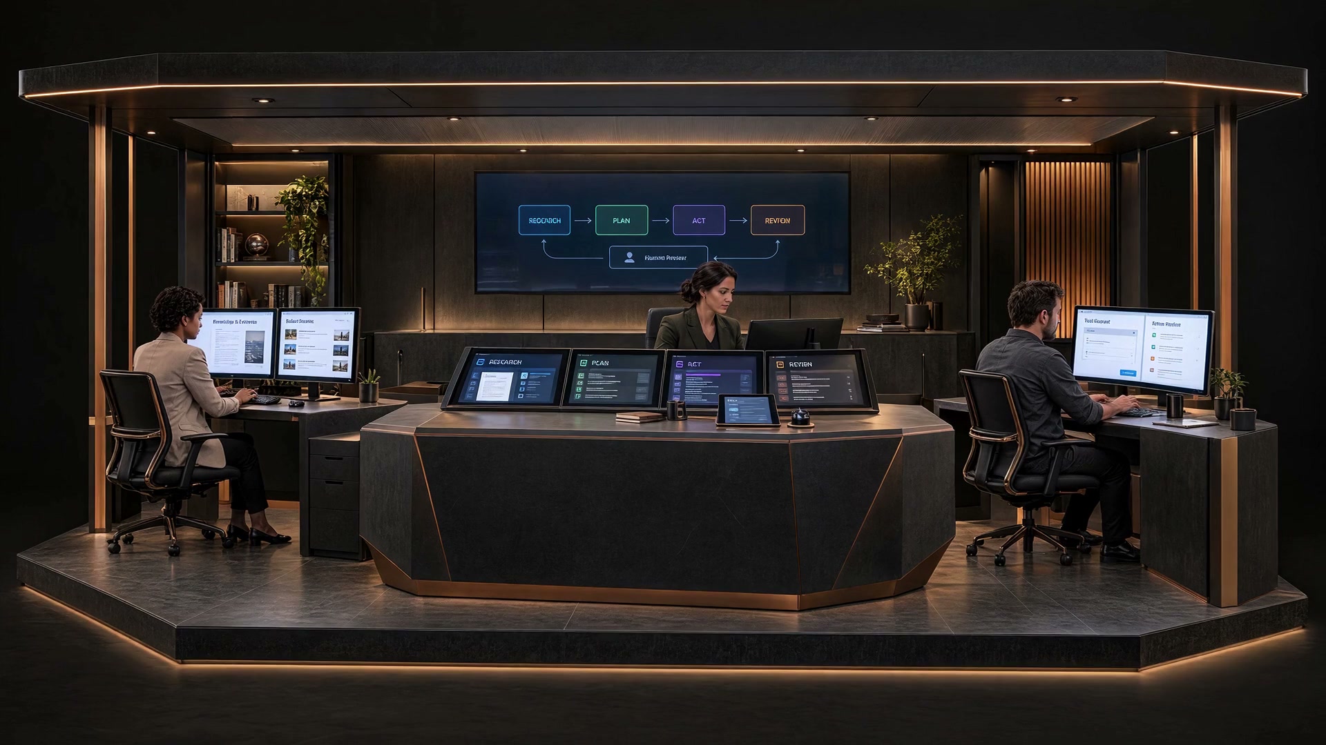 A copper-lit agent-coordination pavilion with three specialists, a left evidence workstation, central role and task displays, a right tool-review desk and a human supervisor
