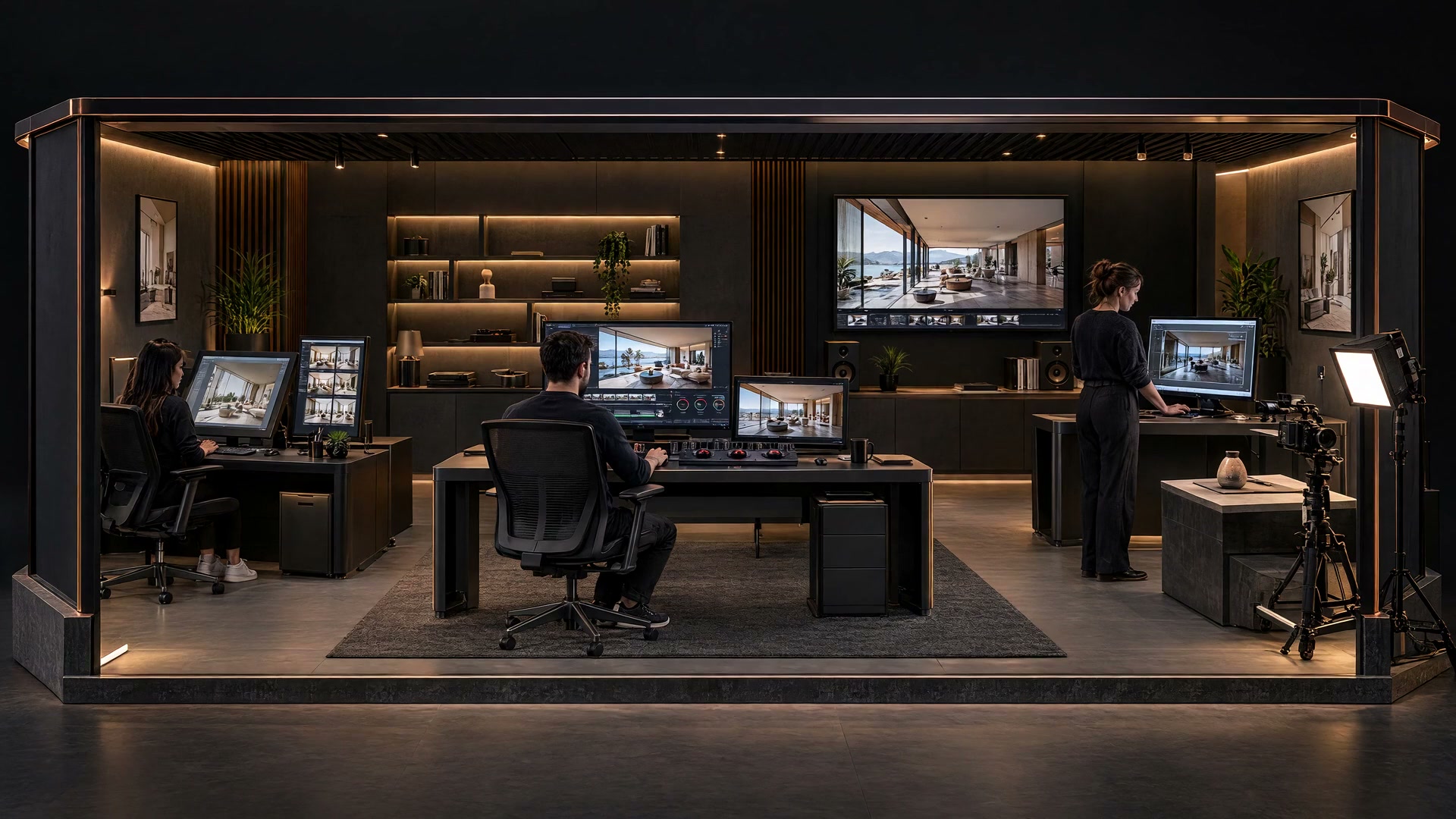 A copper-lit creative-production pavilion with three specialists, a visual-design desk, central editing and grading console, interior-tour previews and a camera with product-capture lighting