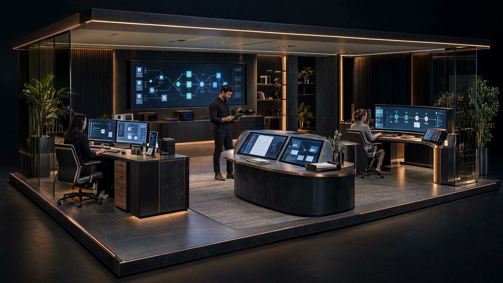 A copper-lit AI integration laboratory with application-testing devices, a systems connection display, a central knowledge workstation and three specialists at work