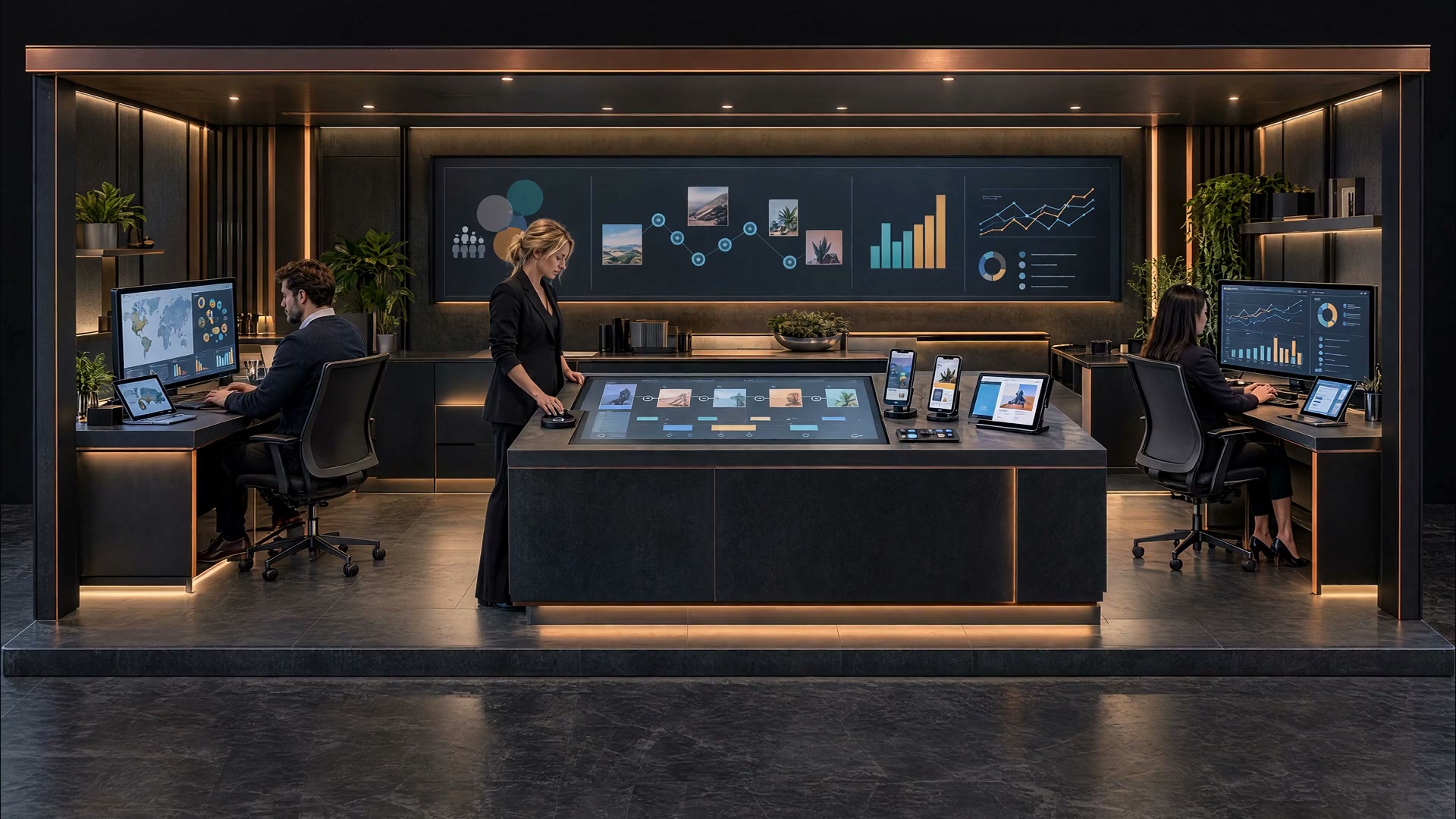 A copper-lit marketing intelligence atelier with three specialists, audience research screens, a central campaign-planning island, forward phone and tablet previews and an analytics workstation