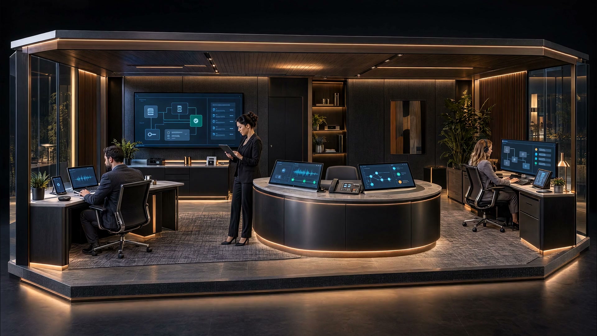 A copper-lit voice operations pavilion with web and mobile voice devices, a central call console, a data-access display and three specialists at work