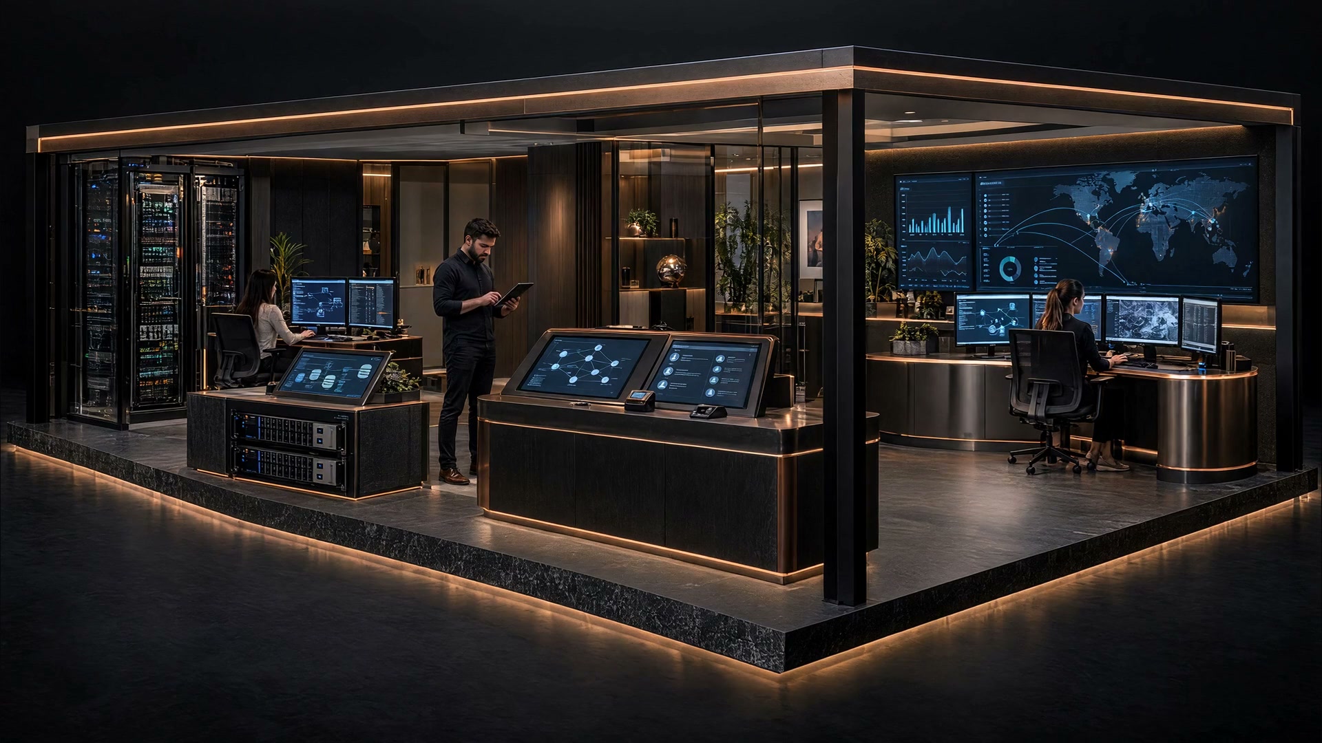 A copper-lit cloud operations pavilion with compute equipment, storage appliances, an access-control console and three specialists at work