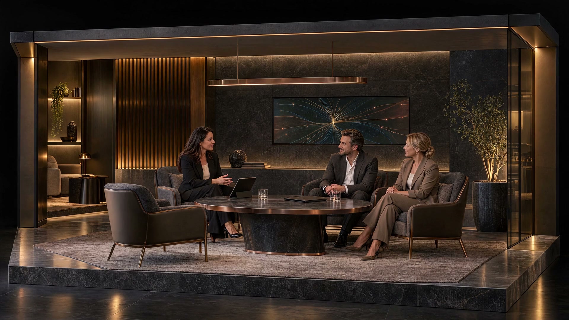 An illustrative copper-lit consultation lounge, three professionals seated around a dark stone table with an empty visitor chair in the foreground