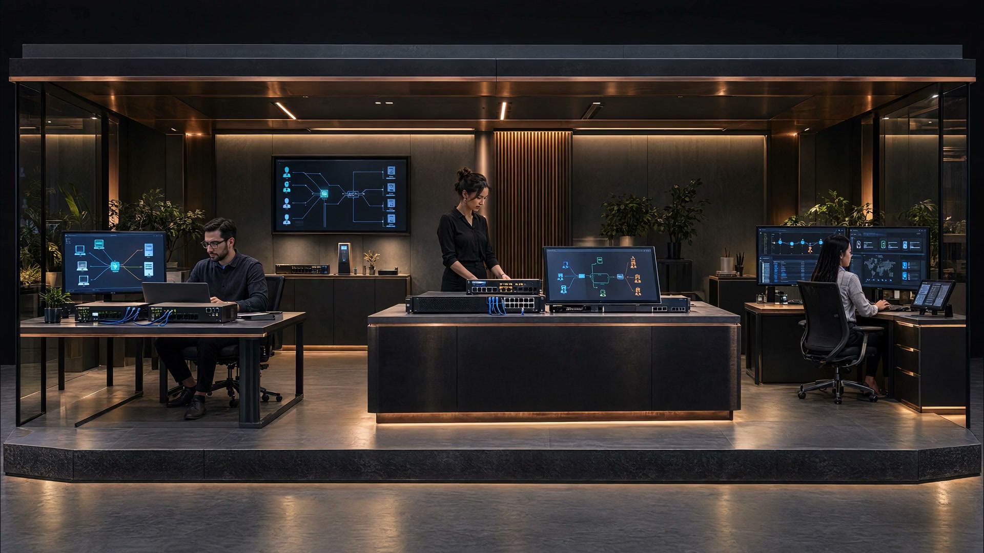 A copper-lit secure-network pavilion with private-connectivity gateways, an access-review display, a central firewall test island and three specialists at work